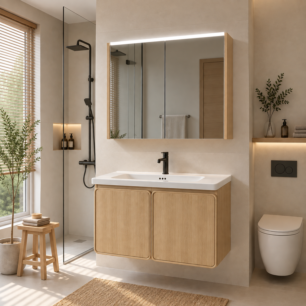 V14 PVC Japandi Waterproof Bathroom Mirror Cabinet Set Muji Style