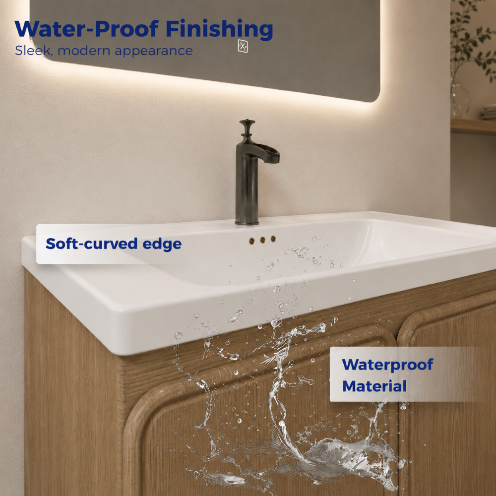 V14 PVC Japandi Waterproof Bathroom Mirror Cabinet Set Muji Style