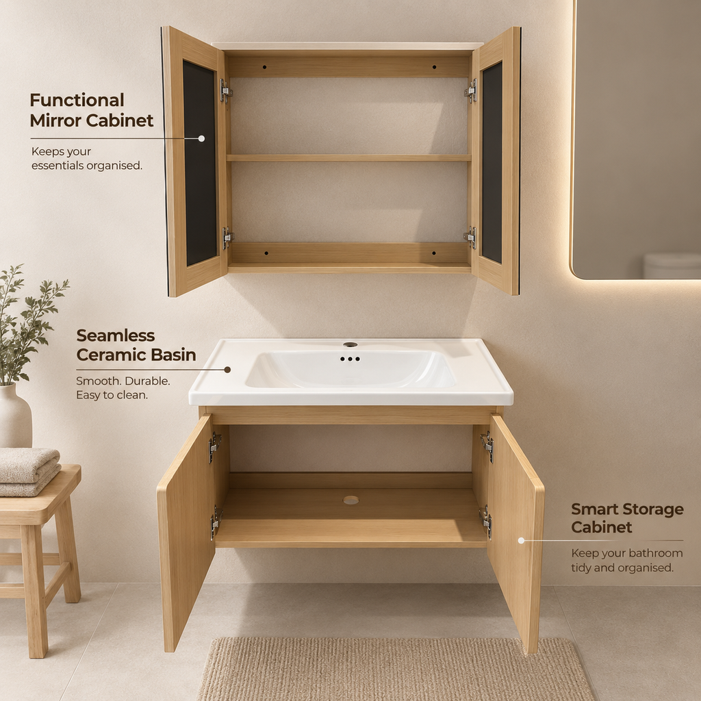 V14 PVC Japandi Waterproof Bathroom Mirror Cabinet Set Muji Style
