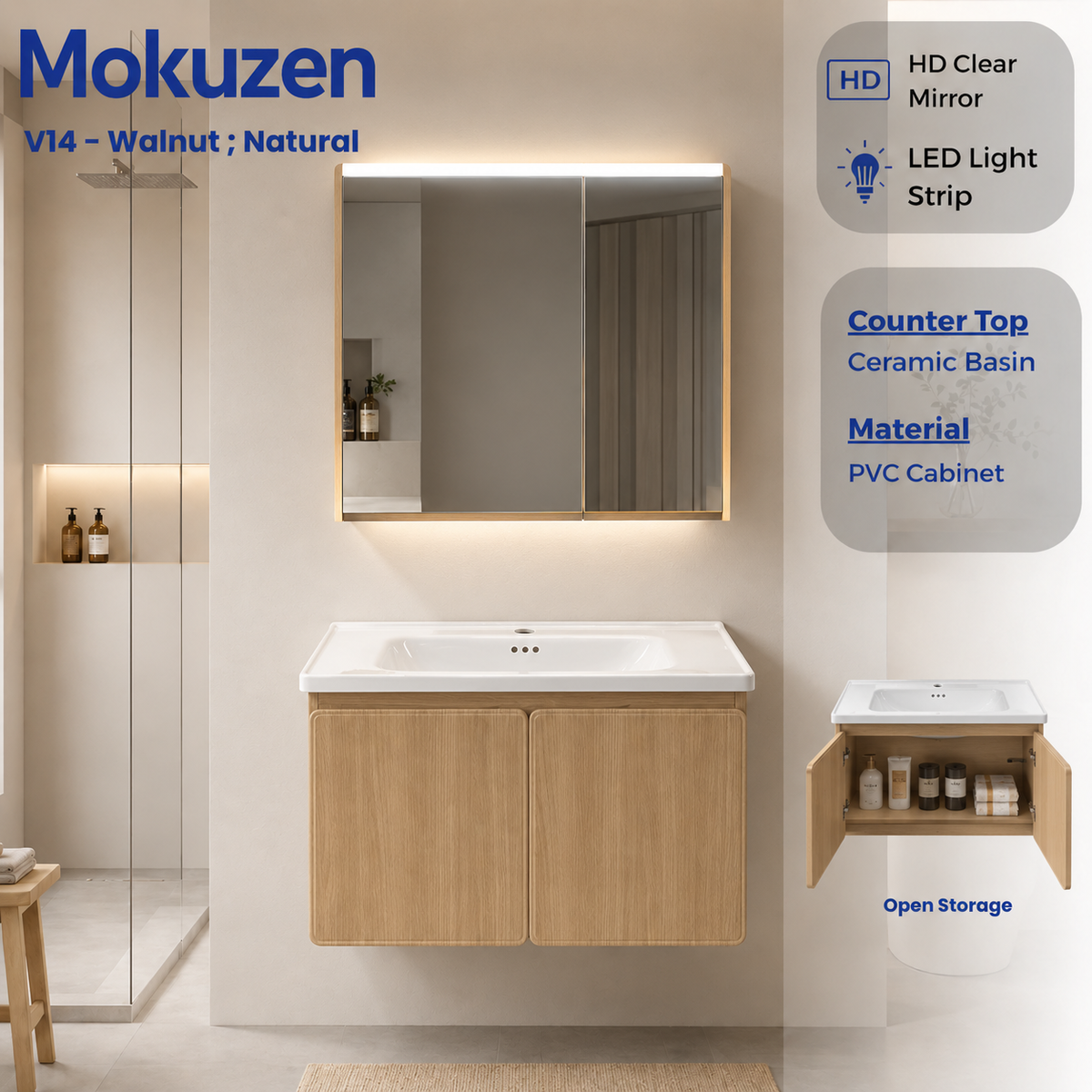 V14 PVC Japandi Waterproof Bathroom Mirror Cabinet Set Muji Style