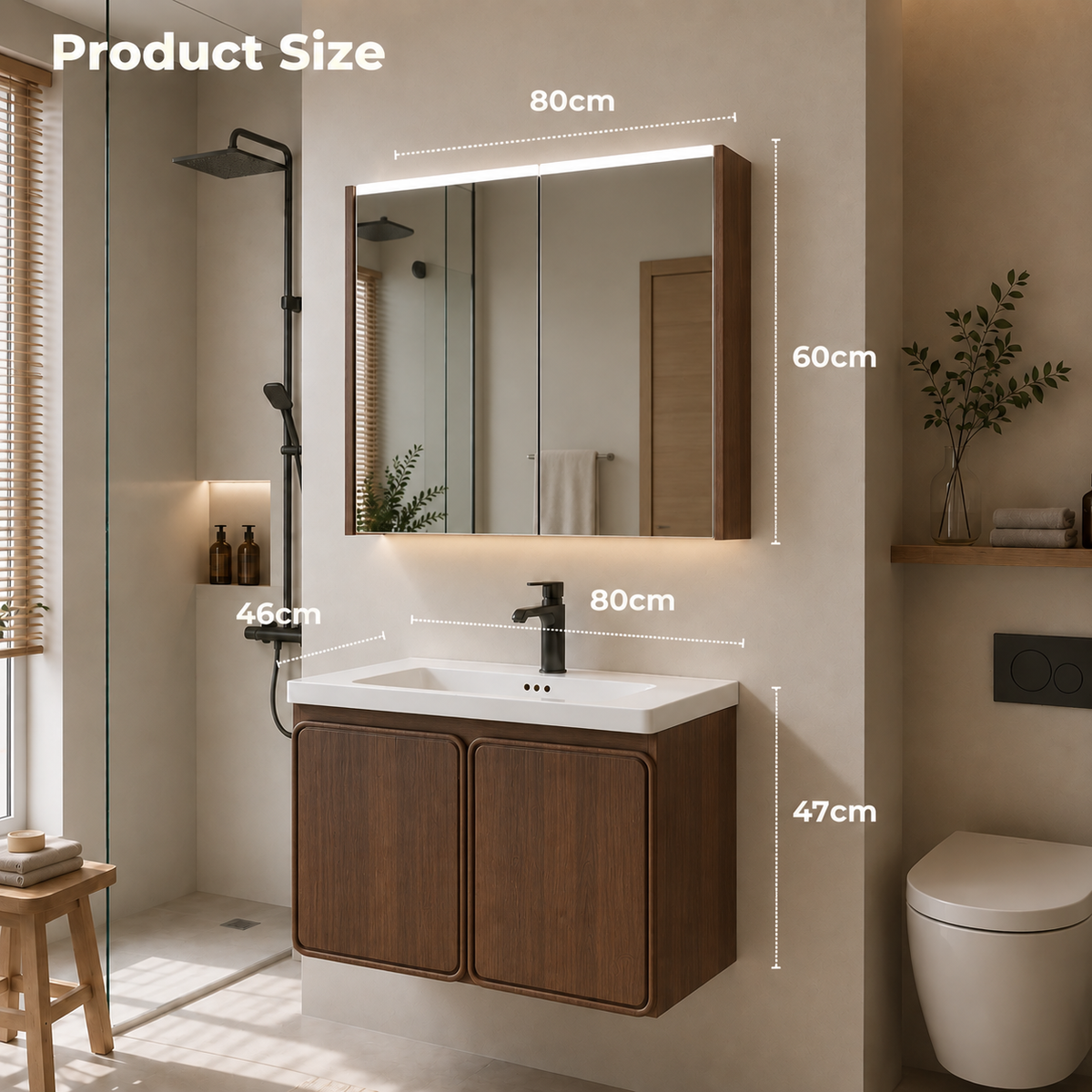 V14 PVC Japandi Waterproof Bathroom Mirror Cabinet Set Muji Style