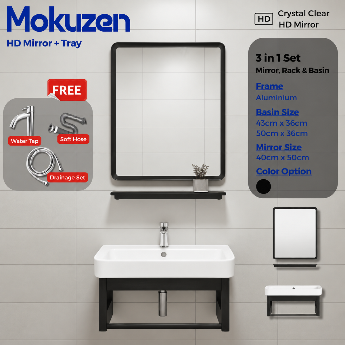 Aluminum Bathroom Cabinet Basin Set Ceramic Sink with Mirror and Shelf