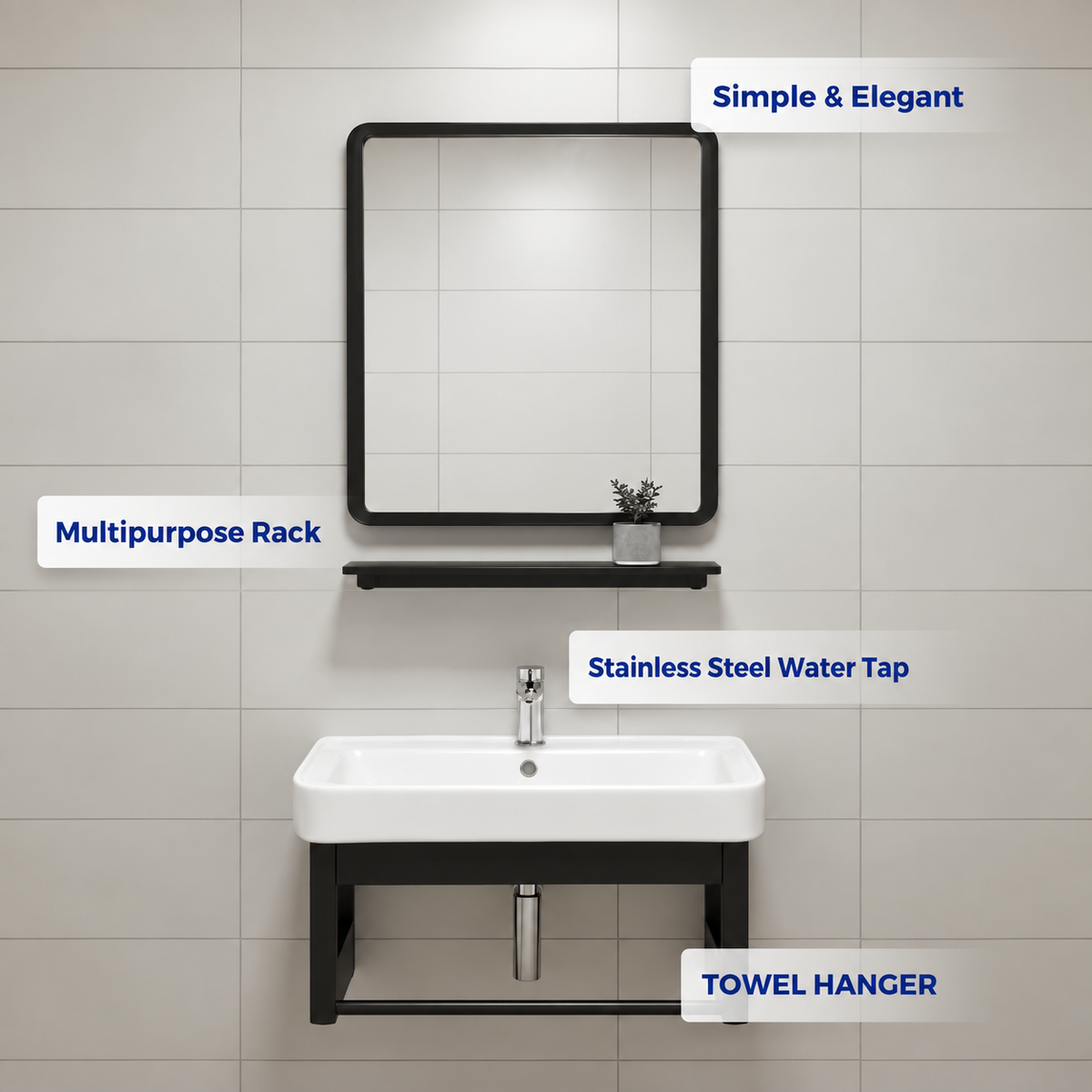 Aluminum Bathroom Cabinet Basin Set Ceramic Sink with Mirror and Shelf