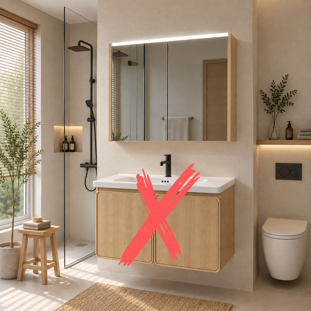 V14 PVC Japandi Waterproof Bathroom Mirror Cabinet Set Muji Style