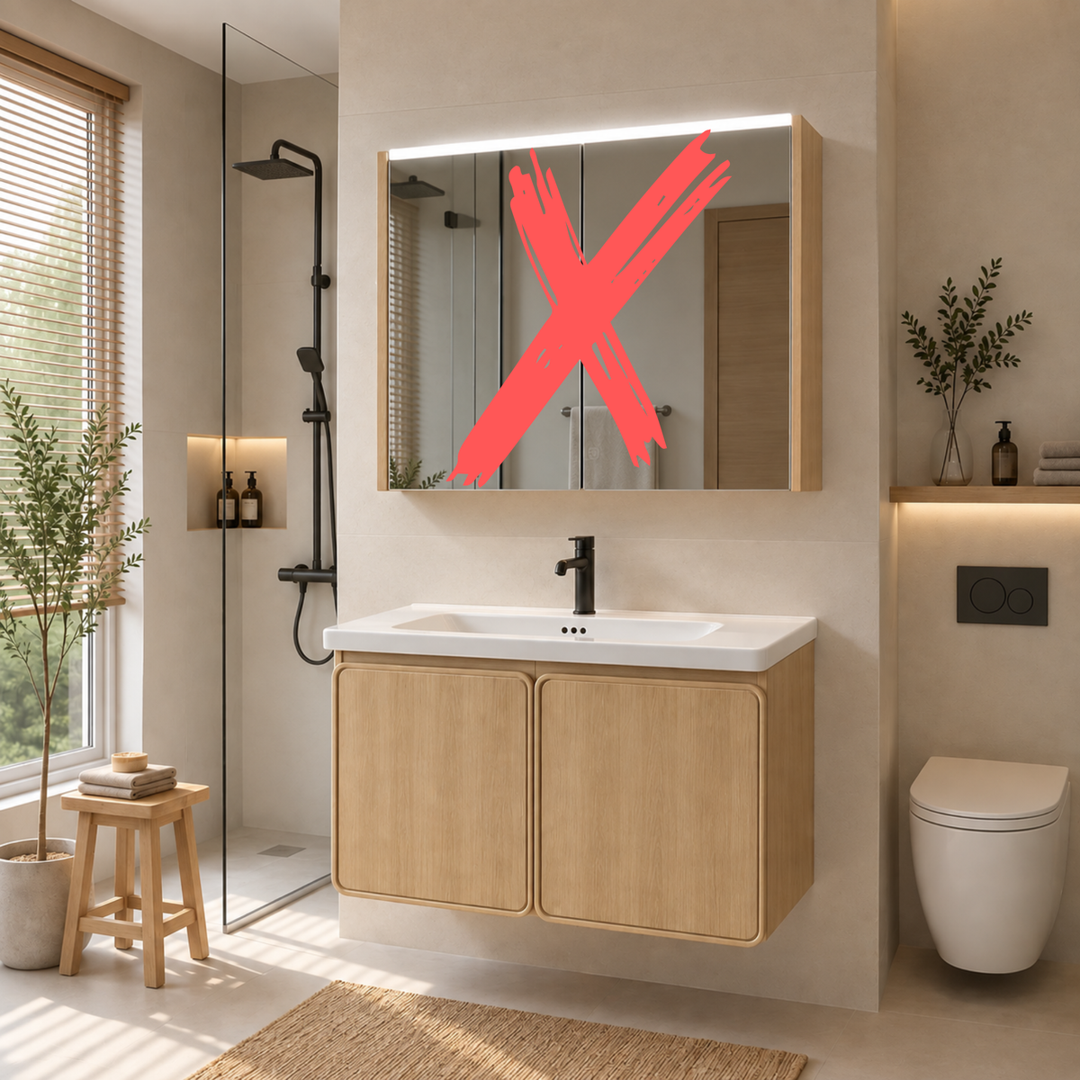 V14 PVC Japandi Waterproof Bathroom Mirror Cabinet Set Muji Style