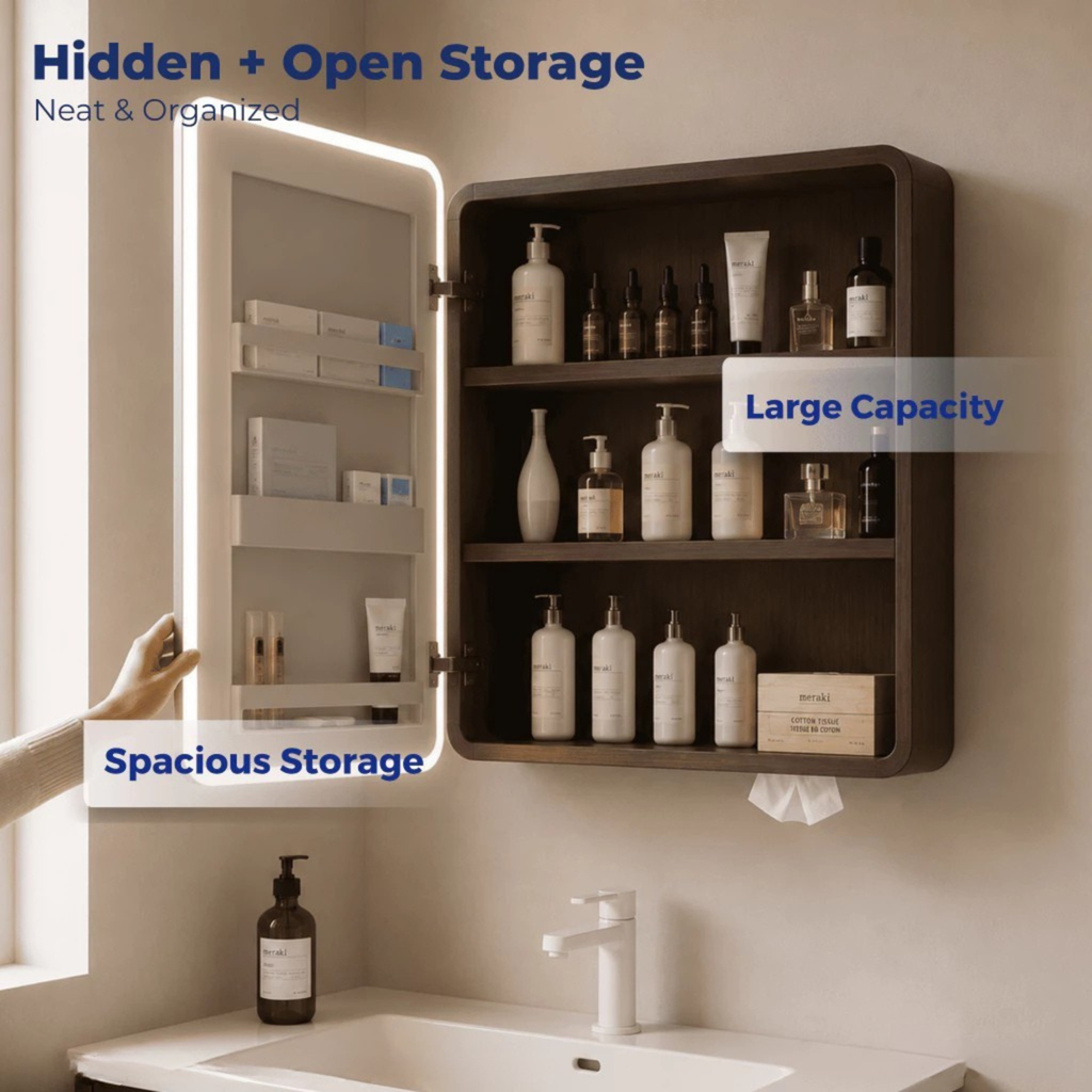 Alto 40cm 50cm Aluminium Walnut Bathroom Mirror And Shelf Bathroom Vanity Waterproof