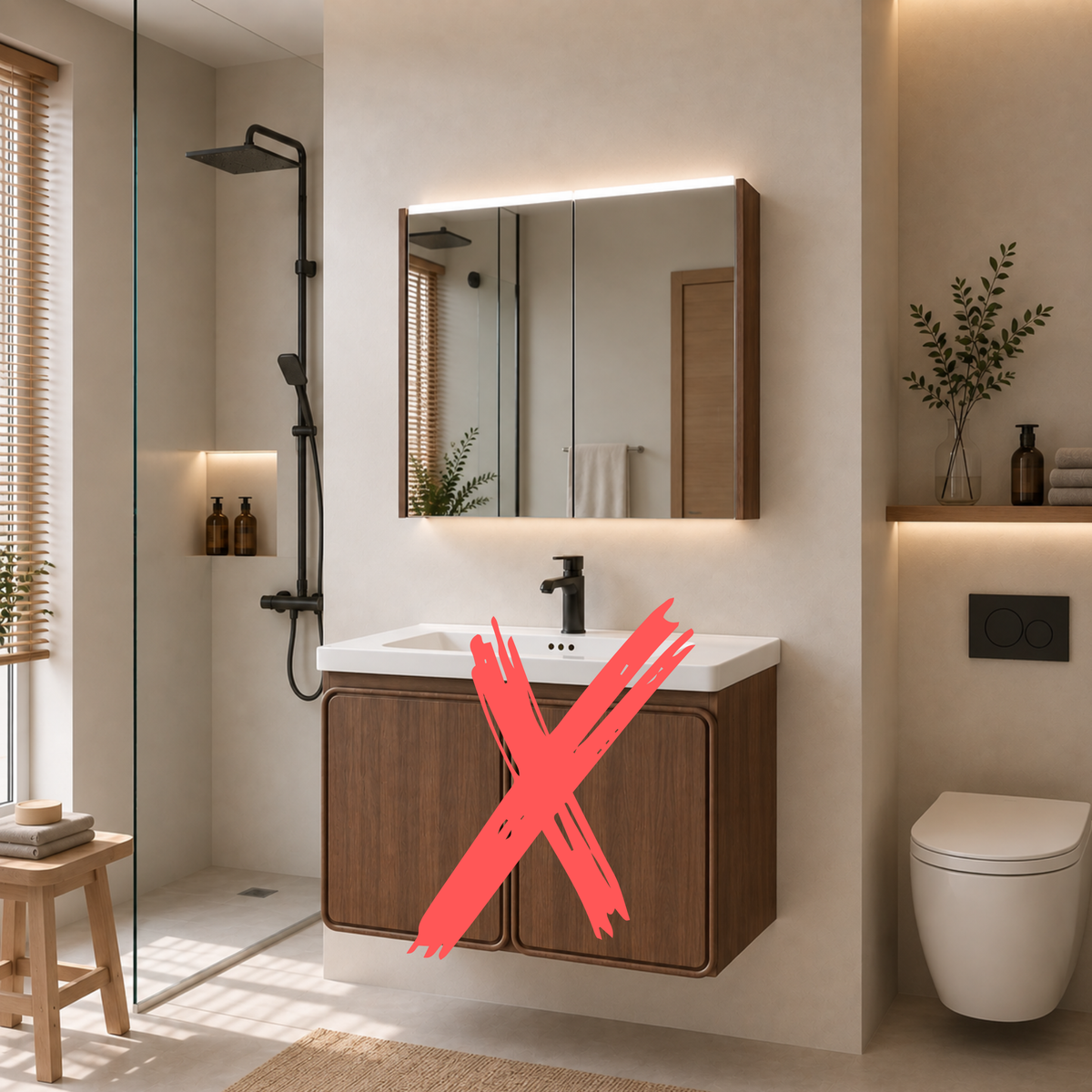 V14 PVC Japandi Waterproof Bathroom Mirror Cabinet Set Muji Style