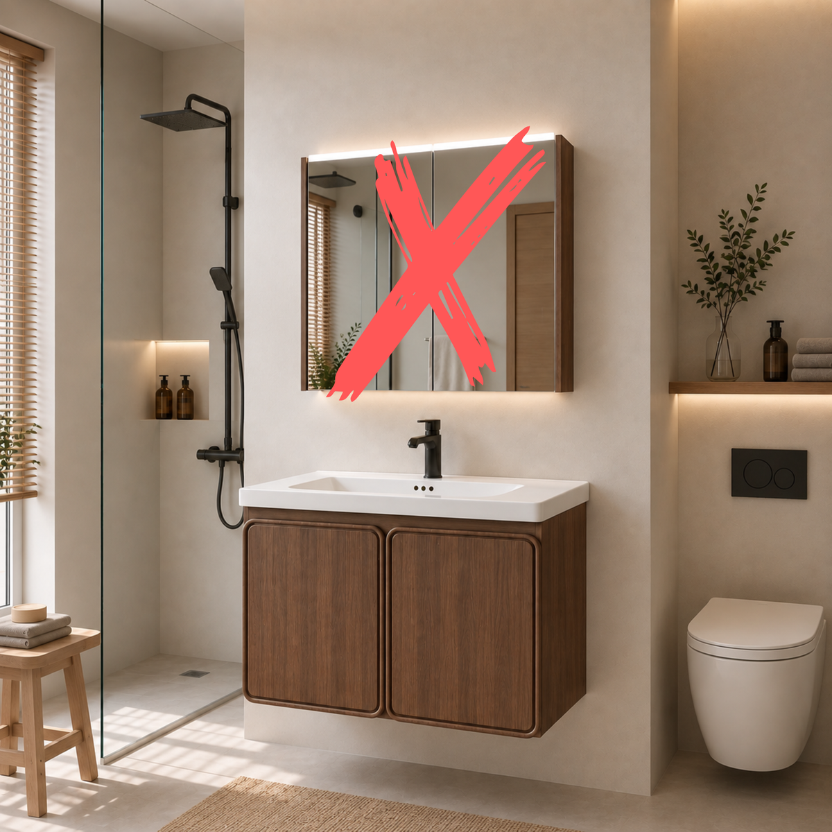 V14 PVC Japandi Waterproof Bathroom Mirror Cabinet Set Muji Style