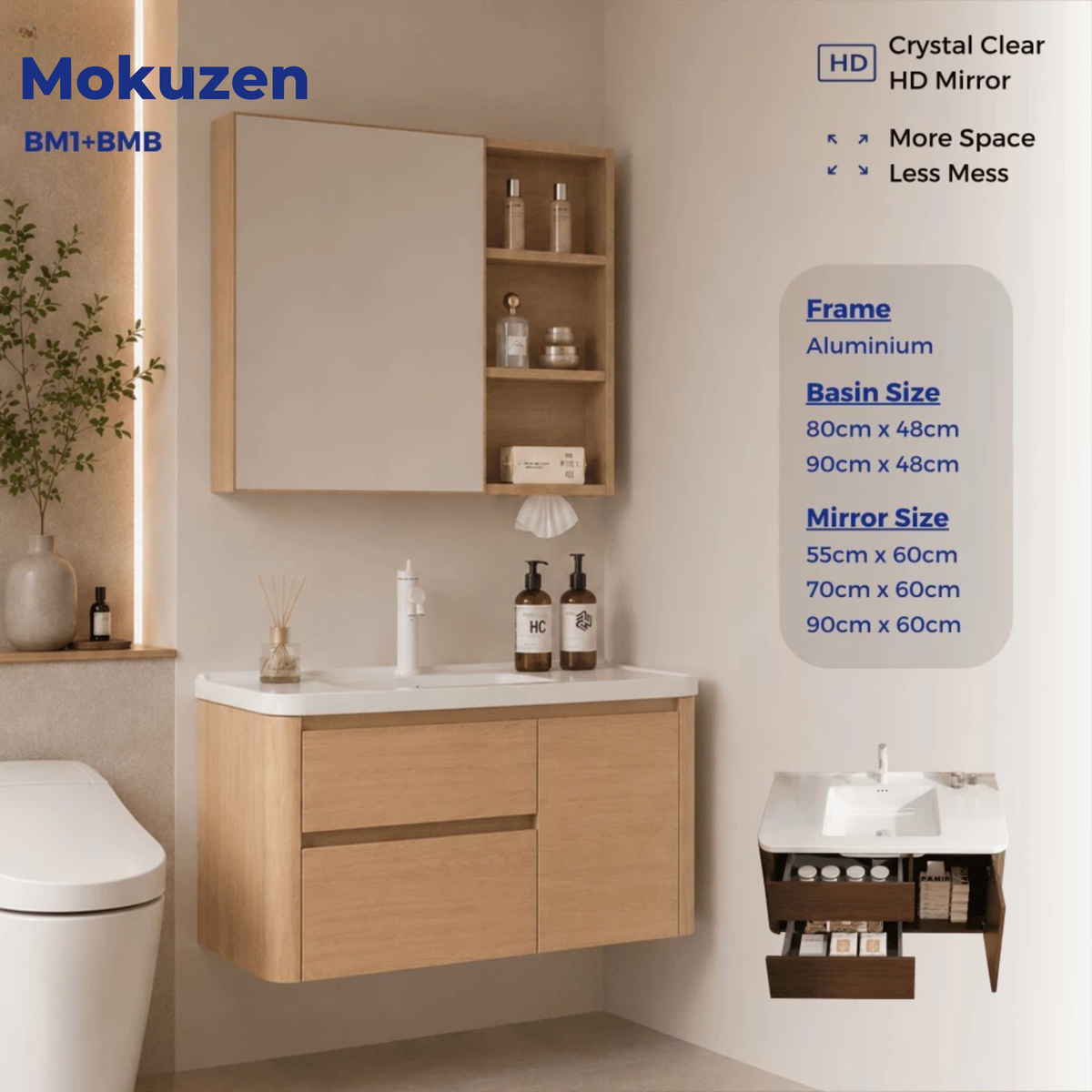 Edgewood B Honeycomb Aluminium Mirror Cabinet And Drawer Storage 80cm 90cm Waterproof