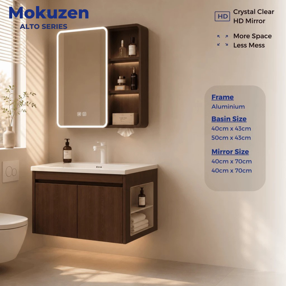 Alto 40cm 50cm Aluminium Walnut Bathroom Mirror And Shelf Bathroom Vanity Waterproof